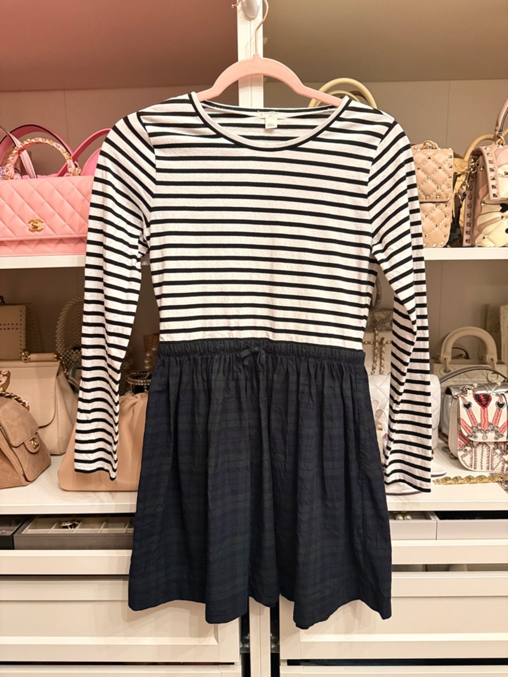 Crewcuts Black and White Striped Long-Sleeve Dress with Navy Skirt